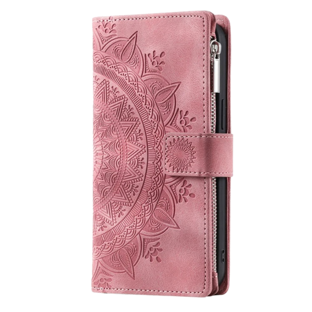 Caelina Magnetic Leather Wallet iPhone Case With Straps Pink