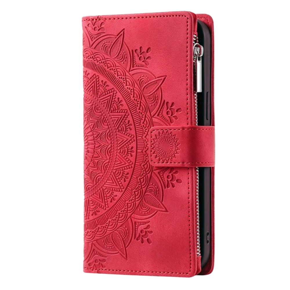 Caelina Magnetic Leather Wallet iPhone Case With Straps Red