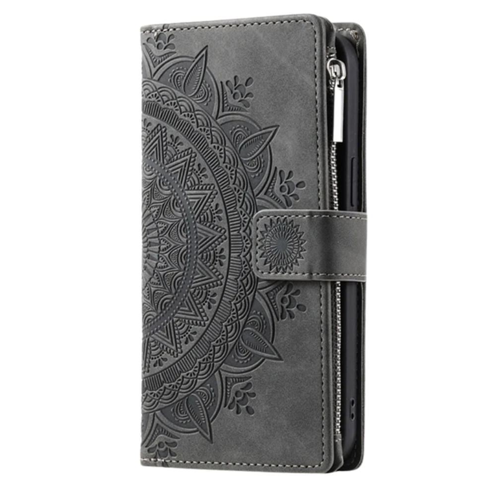 Caelina Magnetic Leather Wallet iPhone Case With Straps Grey
