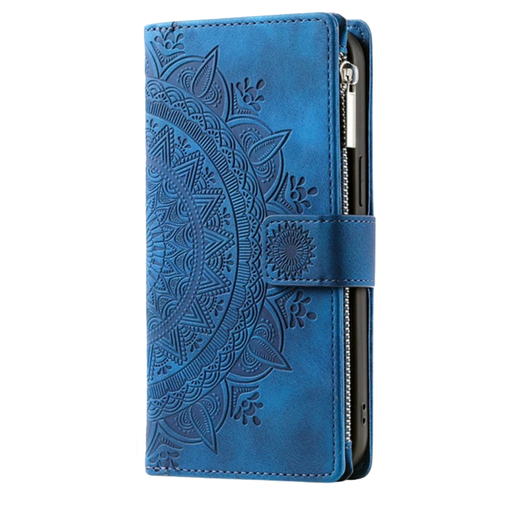 Caelina Magnetic Leather Wallet iPhone Case With Straps Blue