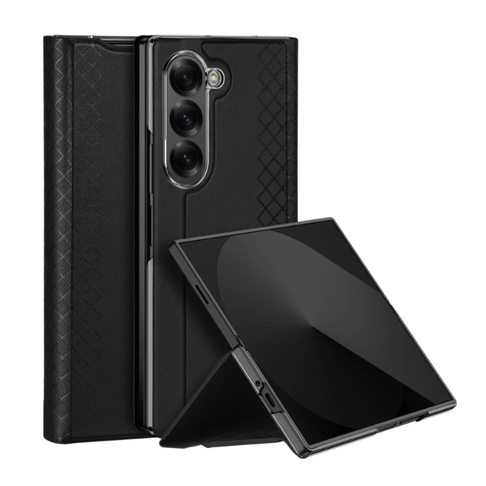 Recro Leather Case For Galaxy Z Fold With Card Holder And Kickstand Black