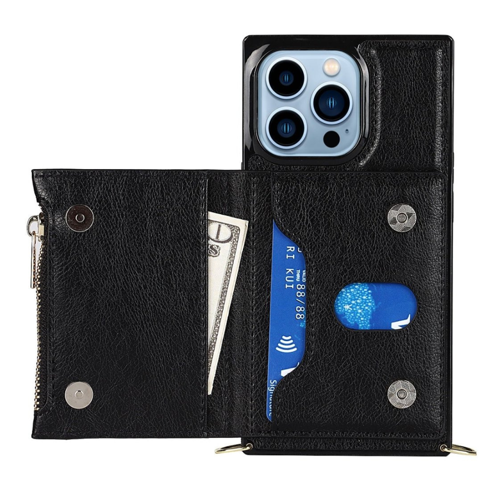 Regno Leather Zipper Wallet iPhone Case with Card Holder Black