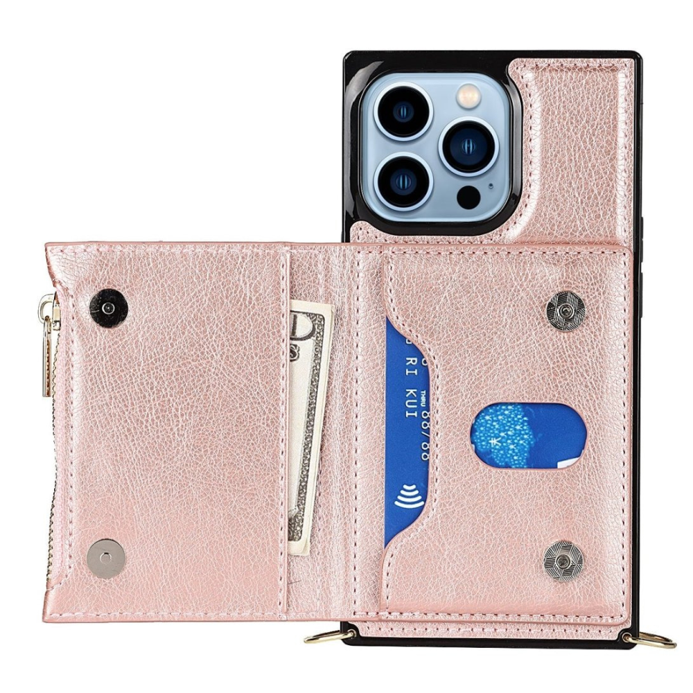 Regno Leather Zipper Wallet iPhone Case with Card Holder Rose Gold
