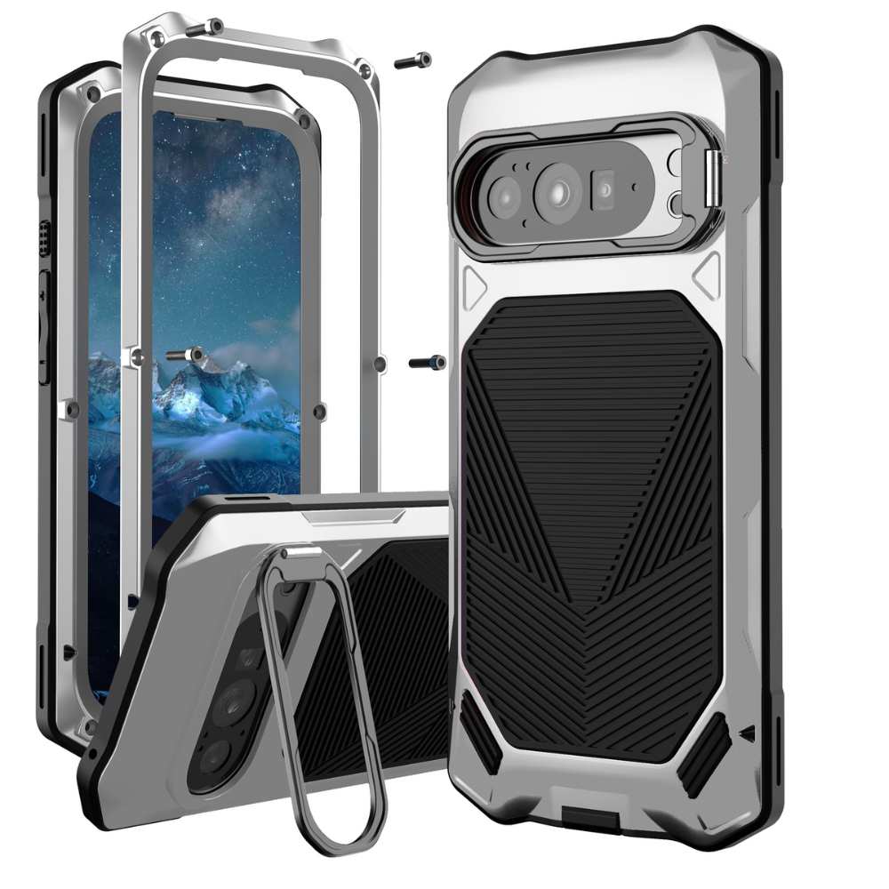 Gens Heavy-Duty Google Pixel Case with Built-in Tempered Glass & Camera Kickstand Silver