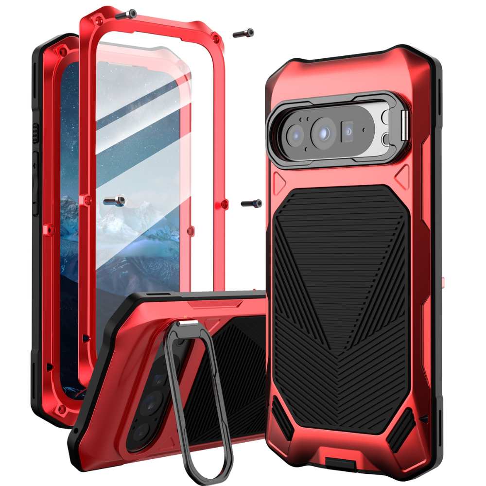 Gens Heavy-Duty Google Pixel Case with Built-in Tempered Glass & Camera Kickstand Red