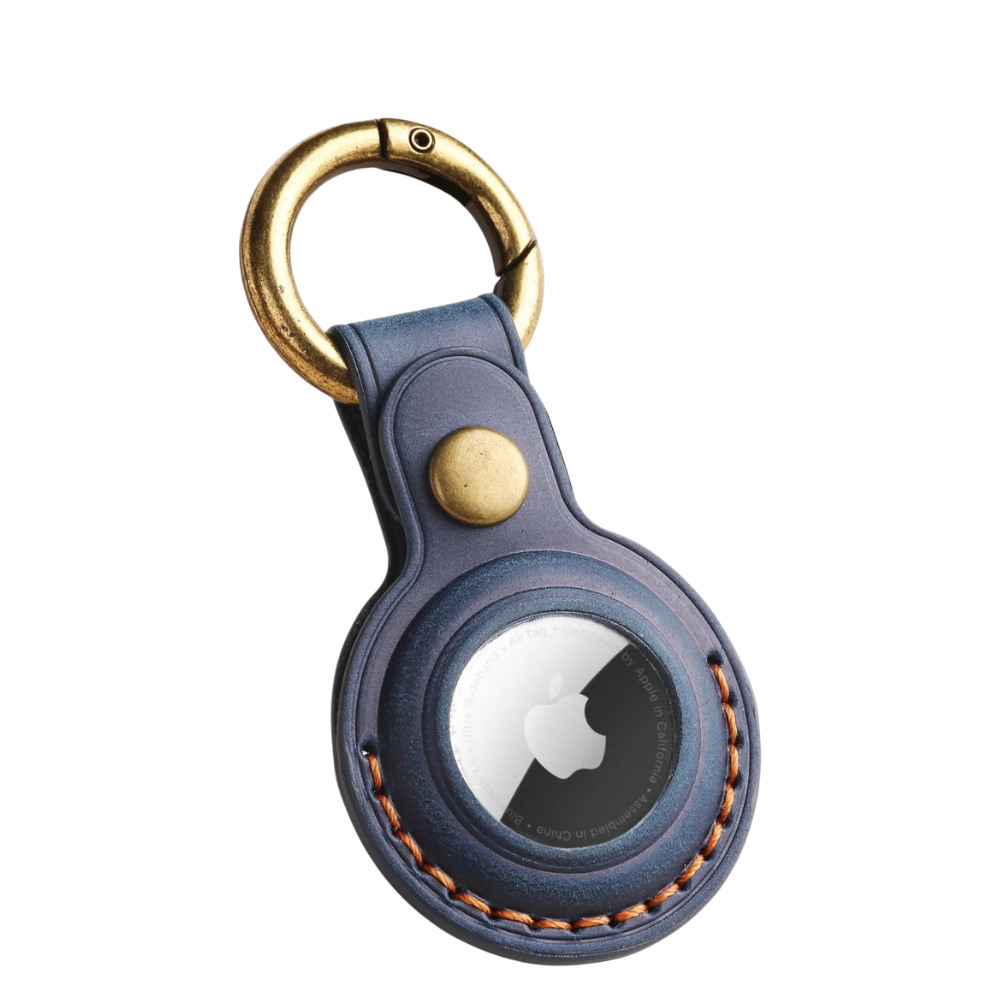 Custodia Genuine Leather AirTag Case With Metal Keyring Crazy Horse Blue