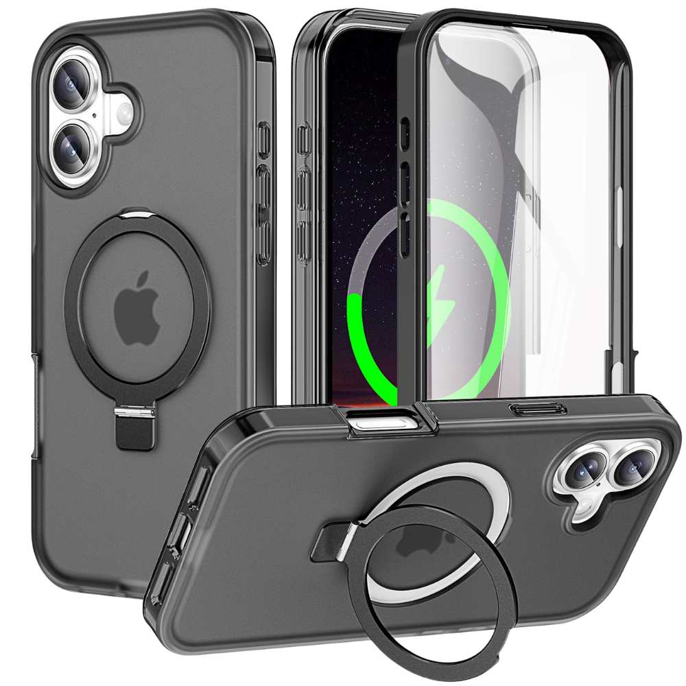 Dives Shockproof Matte iPhone Case With Screen Protector And Ring Holder Black iPhone 17