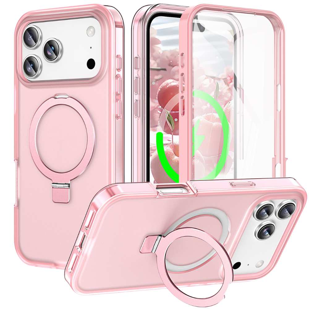 Dives Shockproof Matte iPhone Case With Screen Protector And Ring Holder Pink