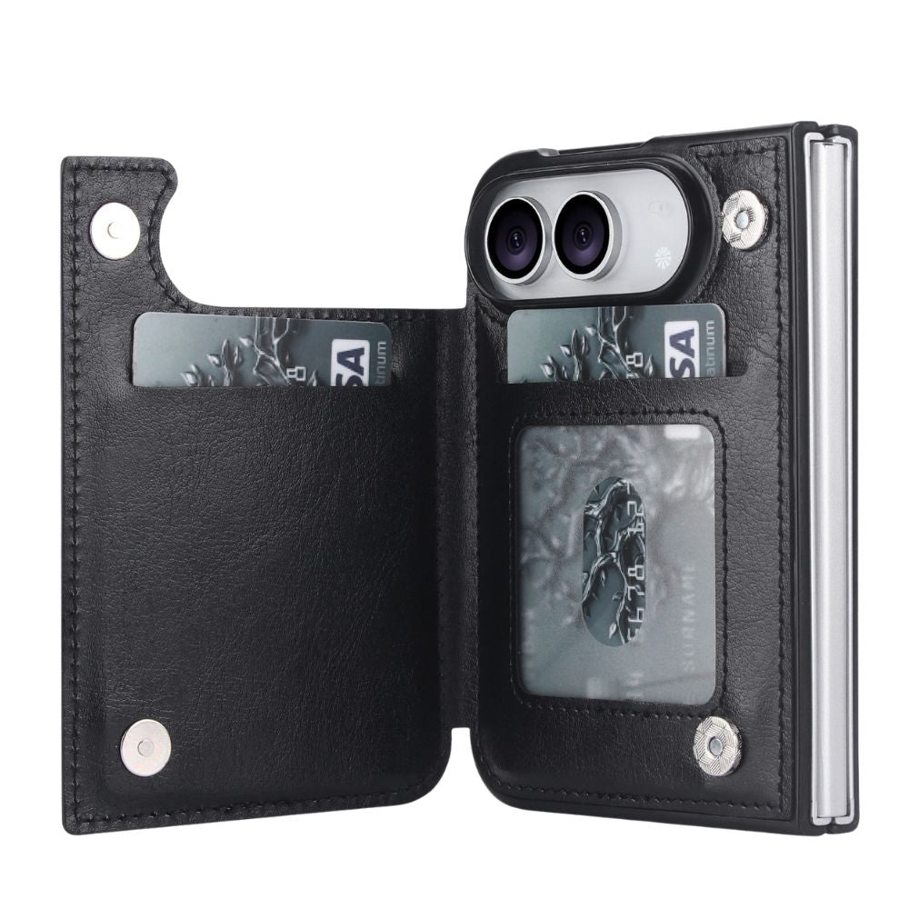 Vistor Leather Flip Wallet Case For iPhone 17-18 Series Black iPhone Duo